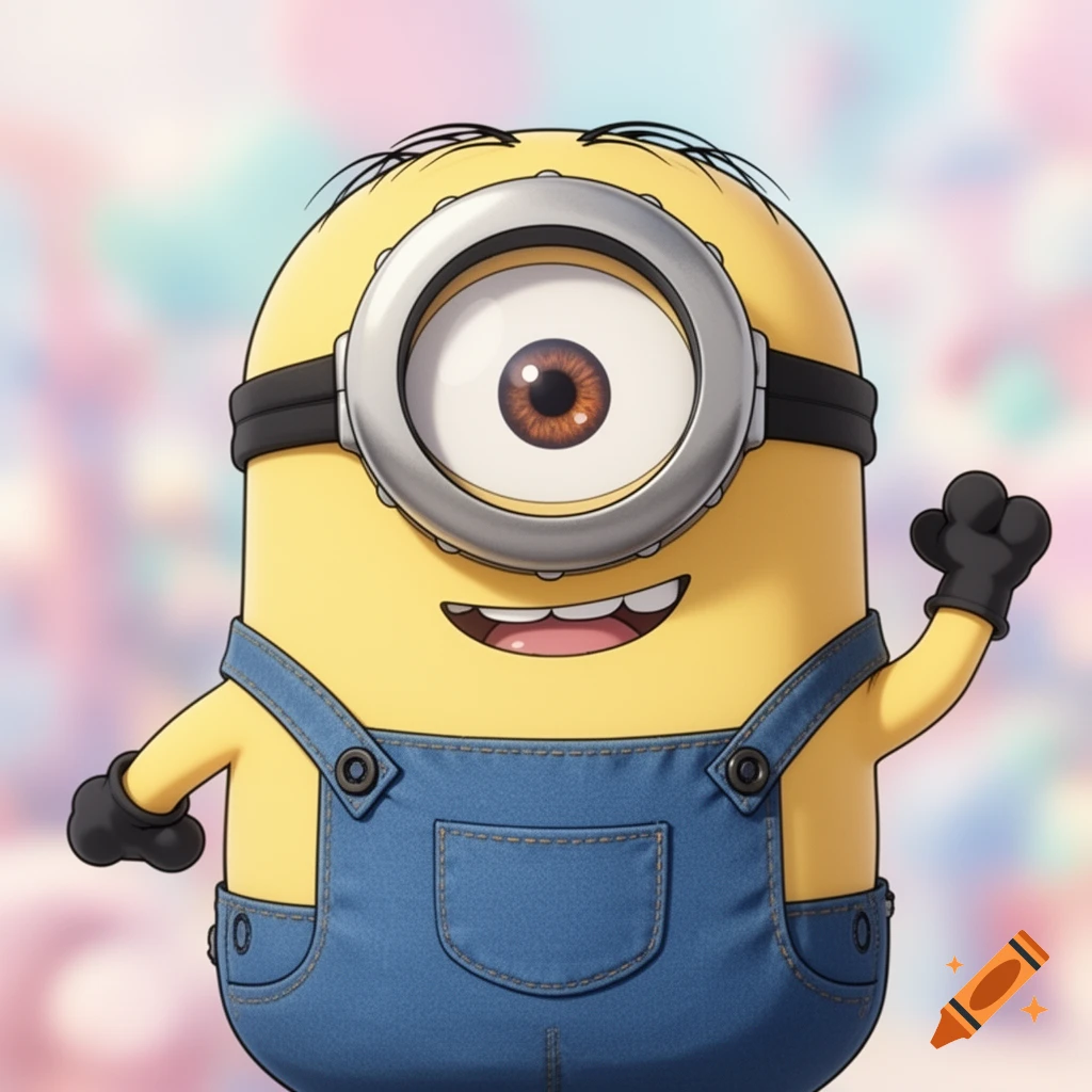 An anime-style Minion character with one large eye, wearing denim overalls and black gloves, smiling and waving against a pastel background.