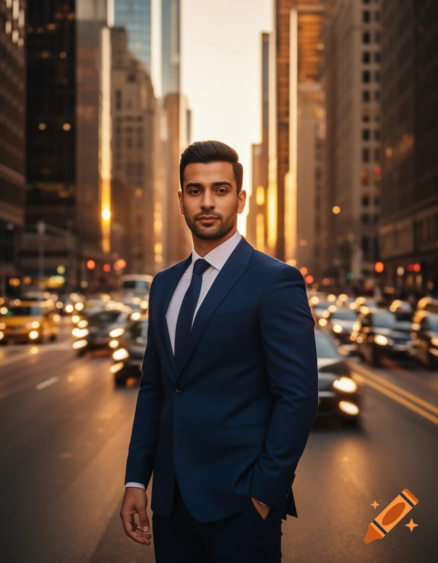 A photorealistic portrait of a man in a navy blue suit and white shirt with a tie, standing on a city street at sunset, with blurry buildings and traffic lights in the background.