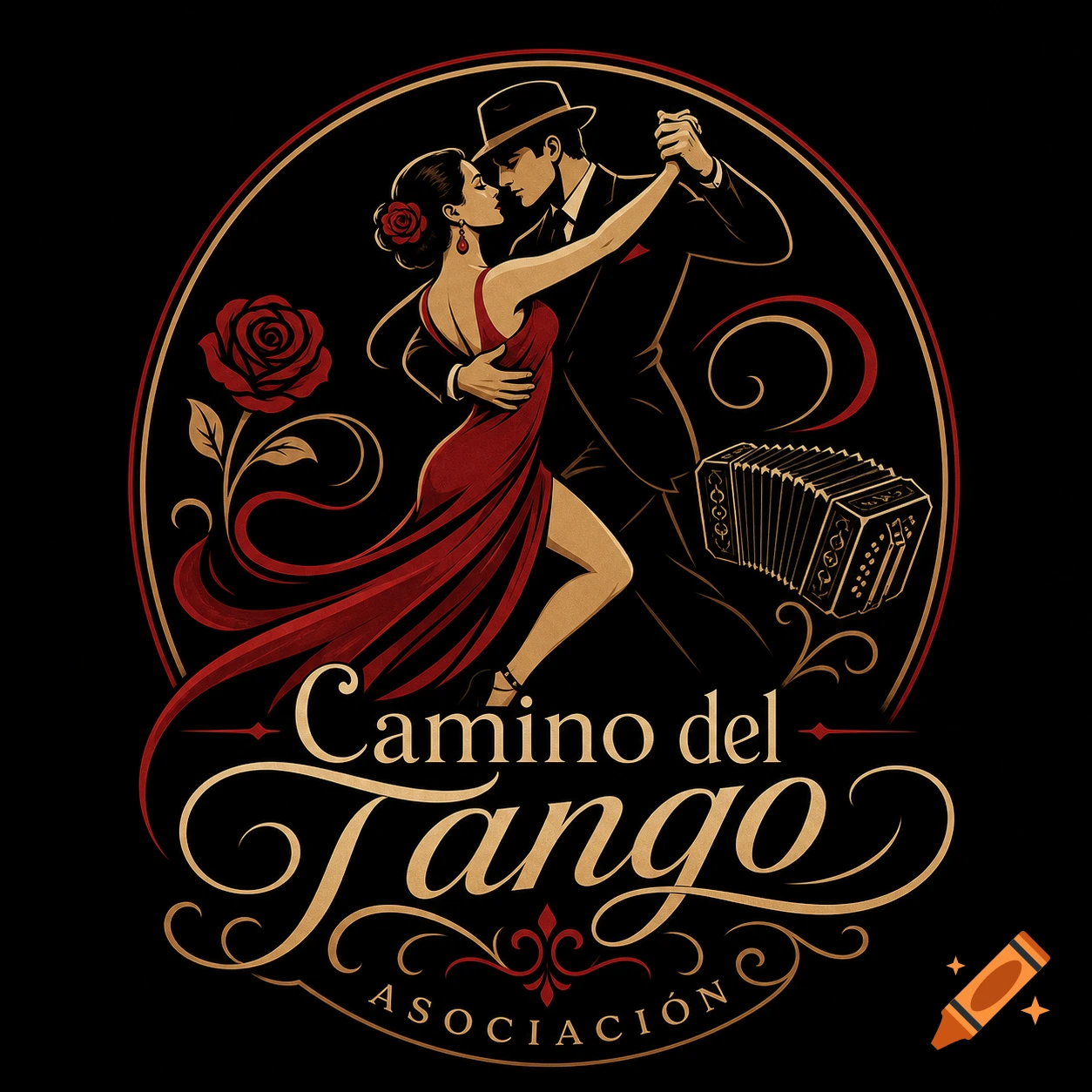 Vintage-style tango logo with a couple dancing, a red rose, an accordion, and "Camino del Tango" text.