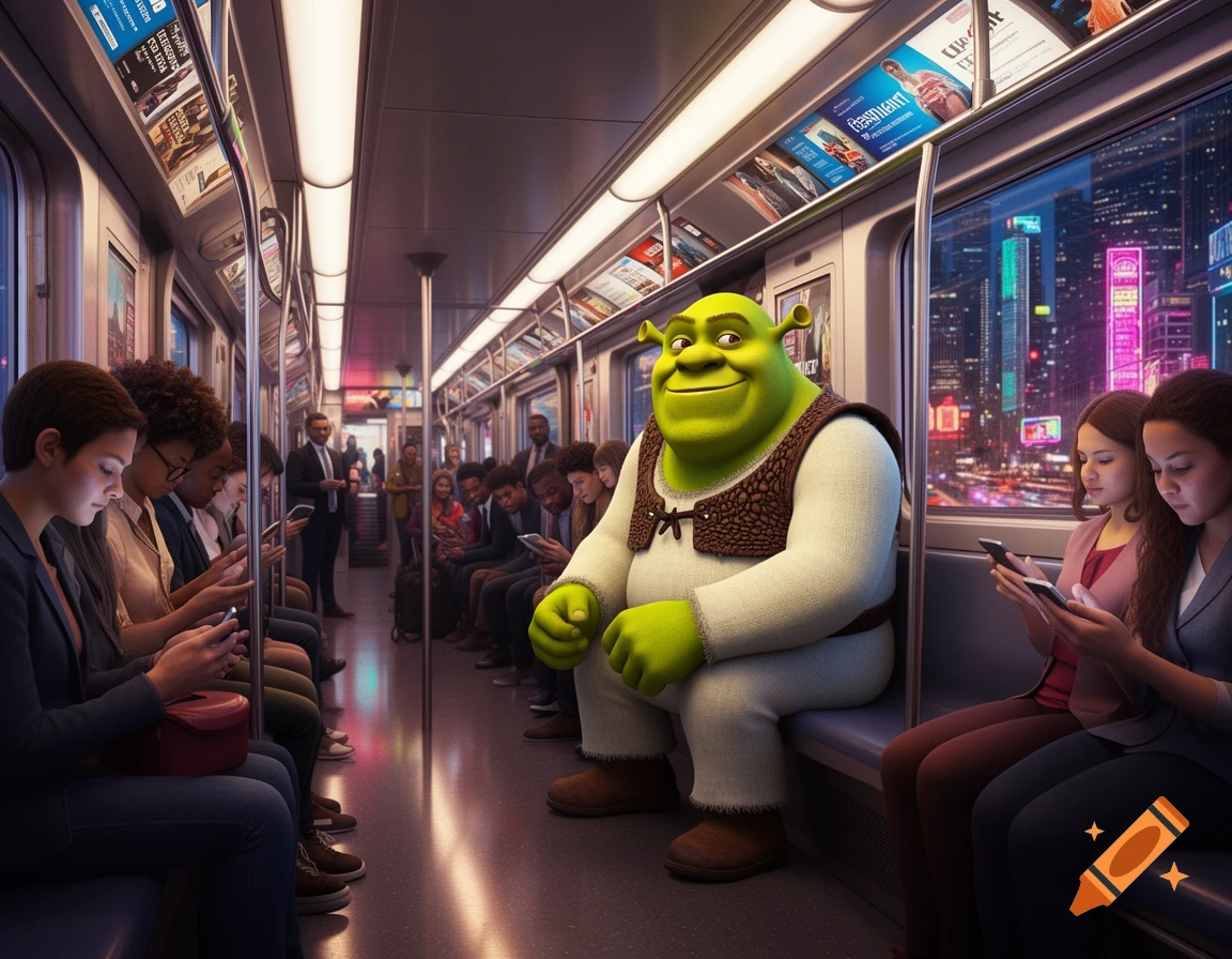 Shrek sits on a crowded, illuminated subway train at night, smiling at the viewer while other passengers look at their phones.
