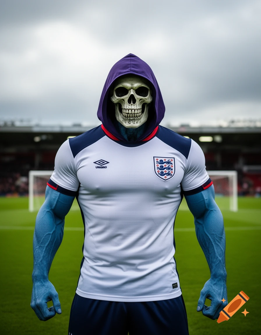 A muscular blue Skeletor-like figure wearing a white England football shirt and a purple hood stands on a football pitch.