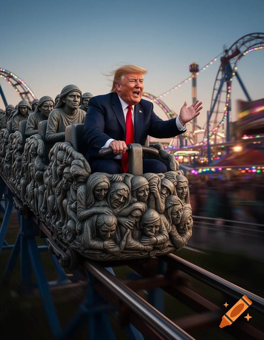 Donald Trump, with wind-blown hair, on a roller coaster car made of sculpted, suffering human faces and figures, at an amusement park.