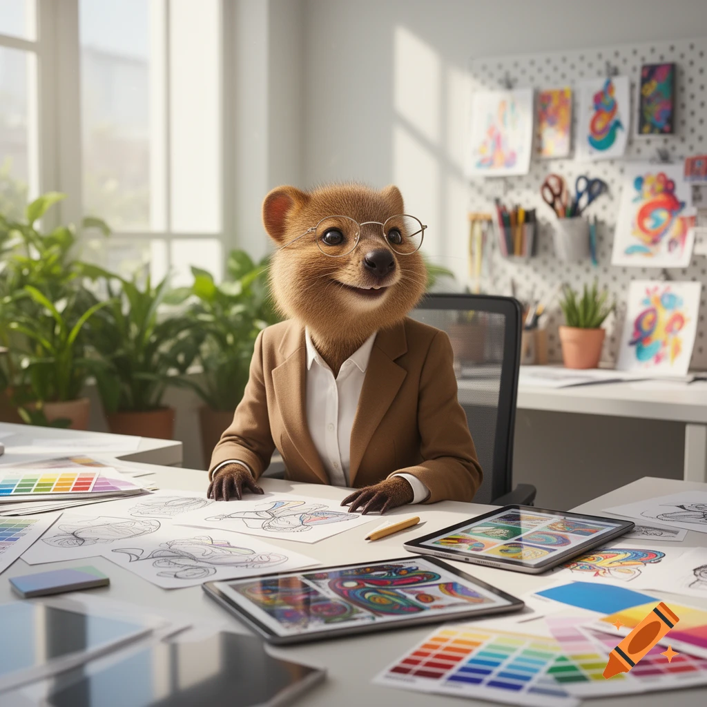 A photorealistic quokka wearing glasses and a brown suit jacket, smiling at a desk covered with art supplies, sketches, and digital tablets in a bright office.
