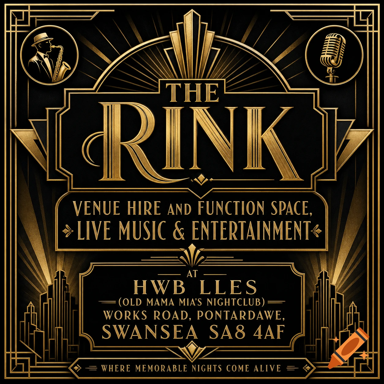 An elegant Art Deco poster for 'The Rink' venue, featuring golden lines, geometric patterns, a saxophonist, and a microphone, on a black background.