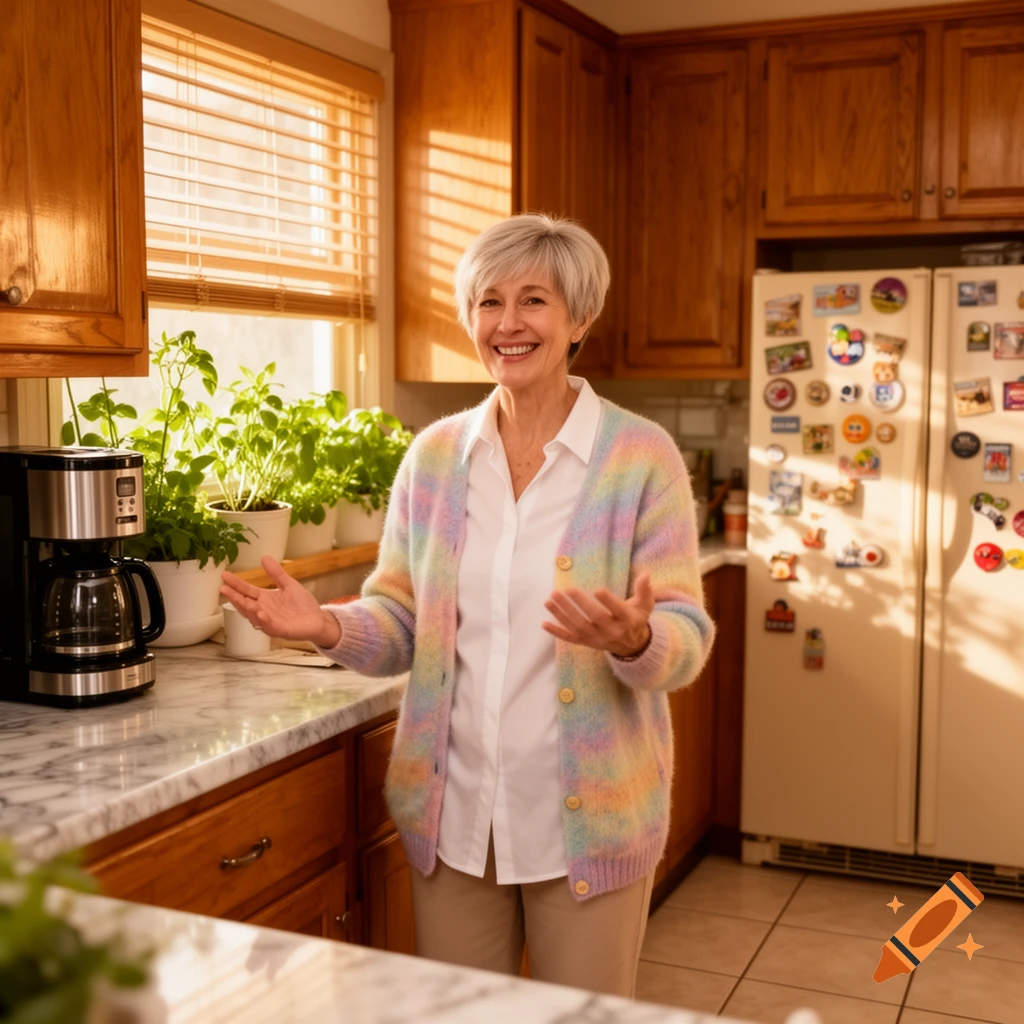 A smiling older woman with short grey hair stands in a sunny kitchen with her hands open, next to a coffee maker and potted plants.
