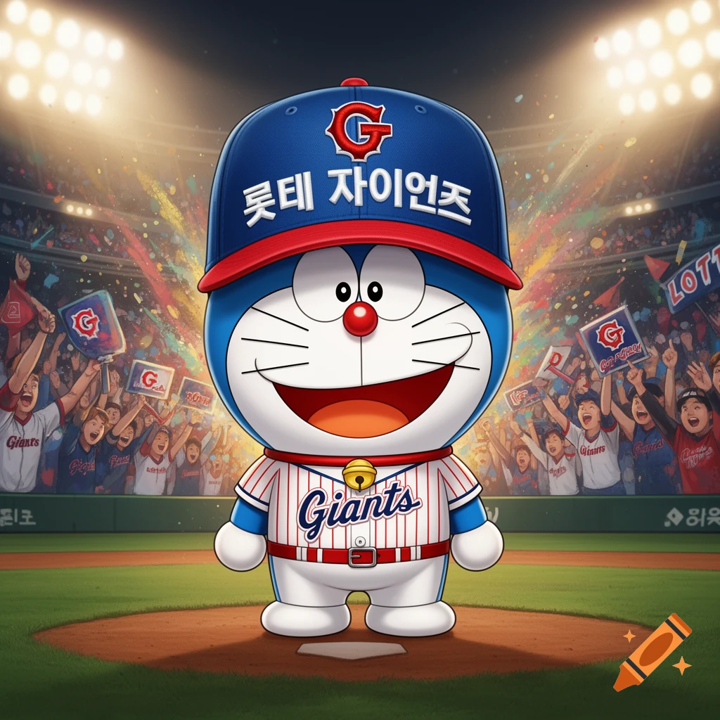 Doraemon stands on a baseball field pitcher's mound, wearing a blue Lotte Giants cap and a pinstriped uniform with "Giants" on it, as a cheering crowd fills the stadium behind him.