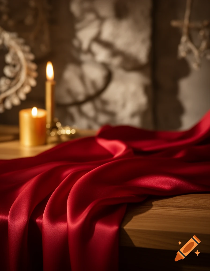 Red satin fabric drapes across a wooden table, illuminated by two glowing candles in a dim, romantic setting.