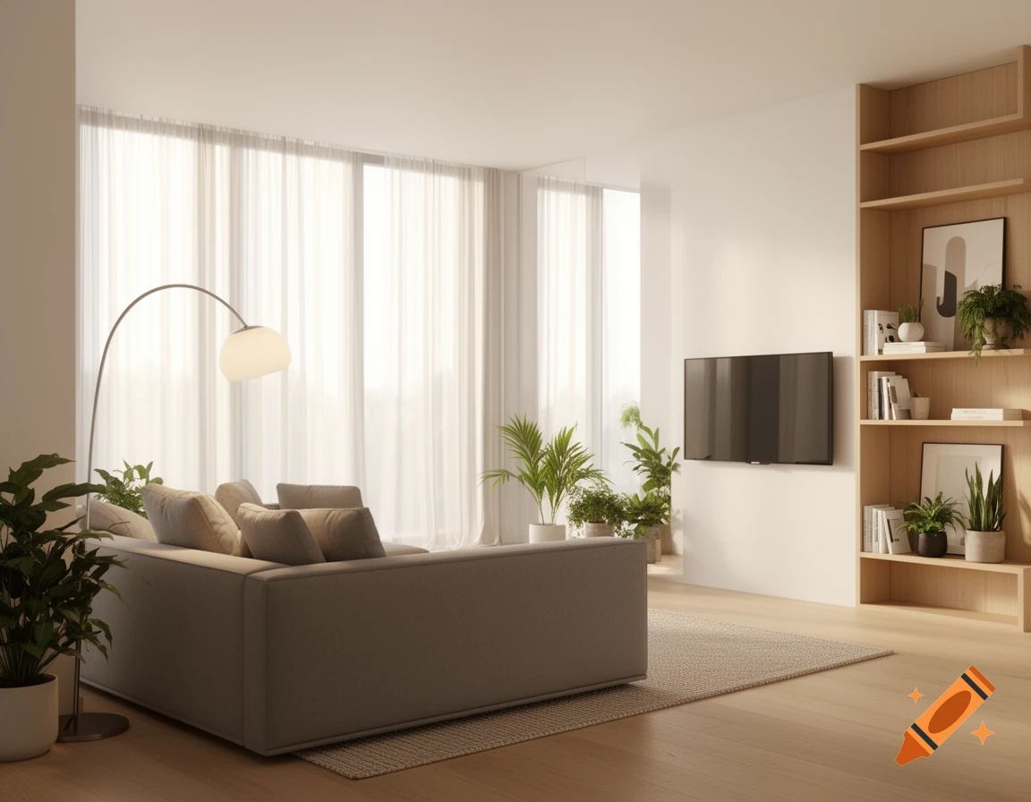 A bright, modern living room with a grey sofa, a curved floor lamp, a wall-mounted TV, and wooden shelves adorned with plants and books.