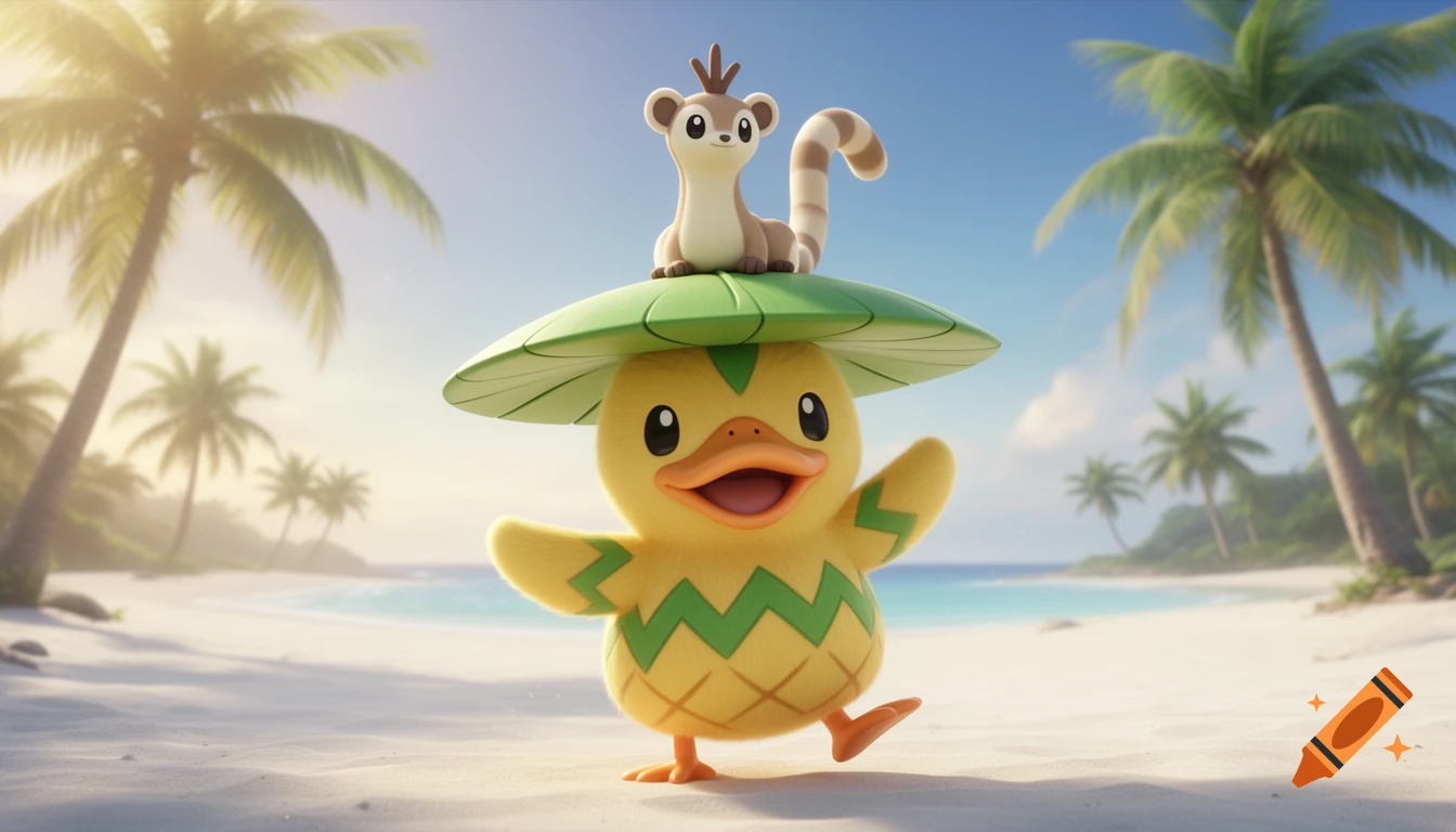 A cheerful Ludicolo dancing on a tropical beach with a Furret sitting on its lily pad hat, 3D anime-style.