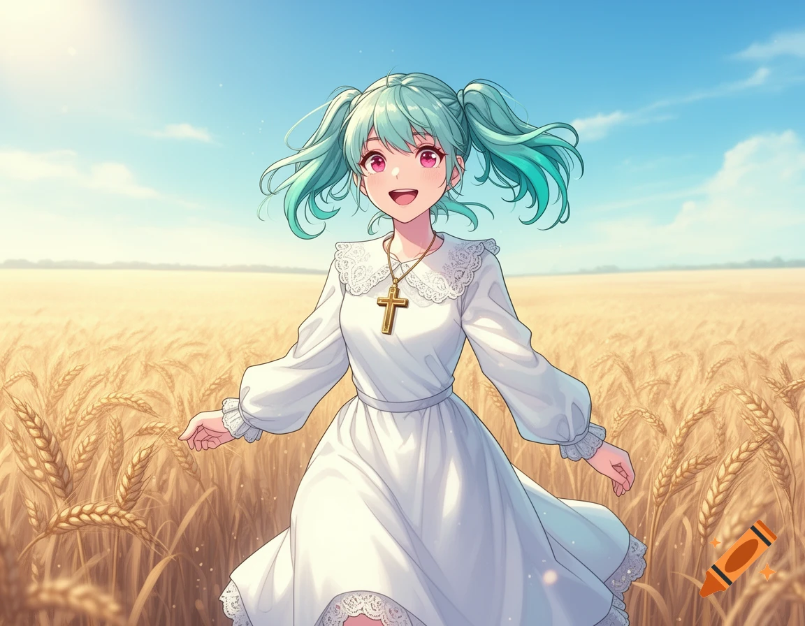 Anime girl with teal pigtails and pink eyes smiles, wearing a white dress and crucifix necklace in a sunlit wheat field.