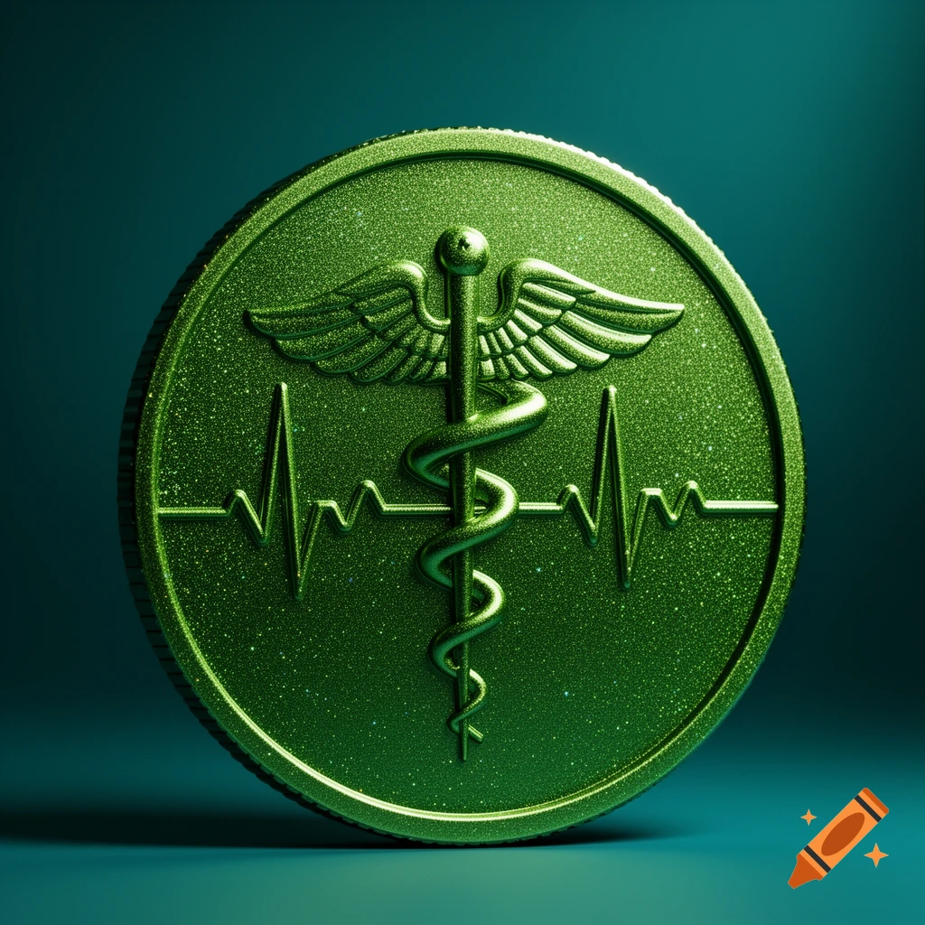 A sparkling algae green coin featuring an embossed caduceus symbol and a heartbeat line against a dark background.