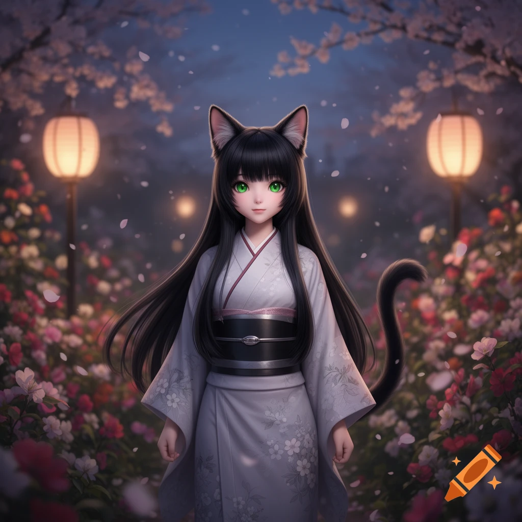 Anime cat girl with long black hair and green eyes, wearing a white kimono, stands in a flowery garden at night with lanterns and falling cherry blossoms.