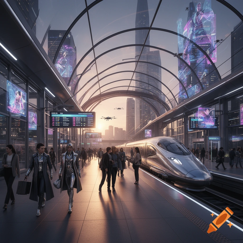 A bustling futuristic train station with a sleek bullet train on the tracks, surrounded by tall buildings with holographic displays at sunset.