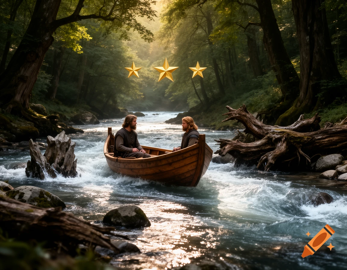 Two men in a wooden boat on a rocky river, surrounded by a lush forest, under three golden stars.