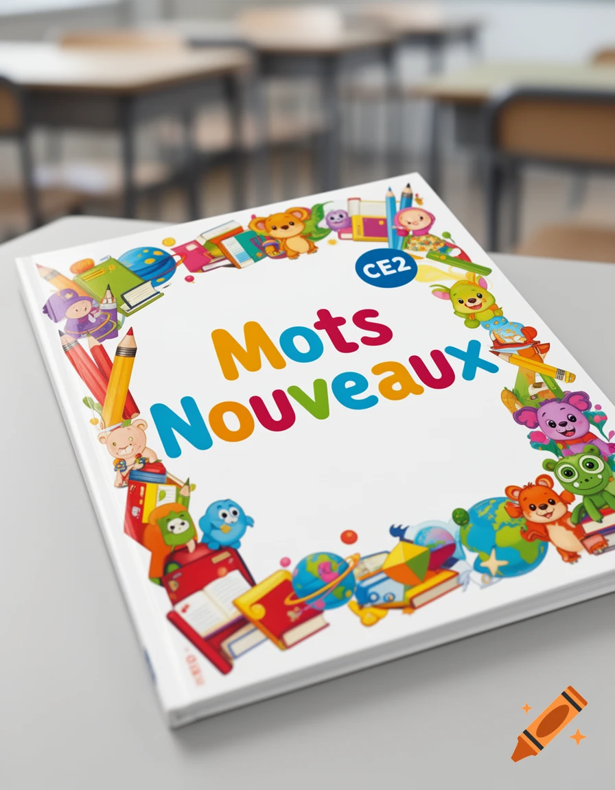 Colorful children's schoolbook 'Mots Nouveaux CE2' on a desk, with cartoon characters and school supplies.