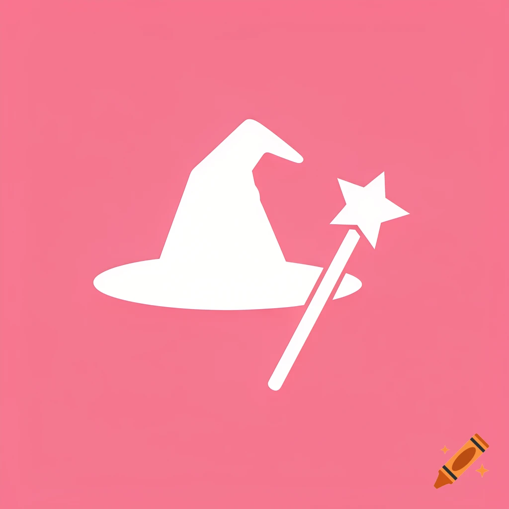 White silhouette of a witch hat and a star-tipped magic wand on a solid pink background, minimalist icon.