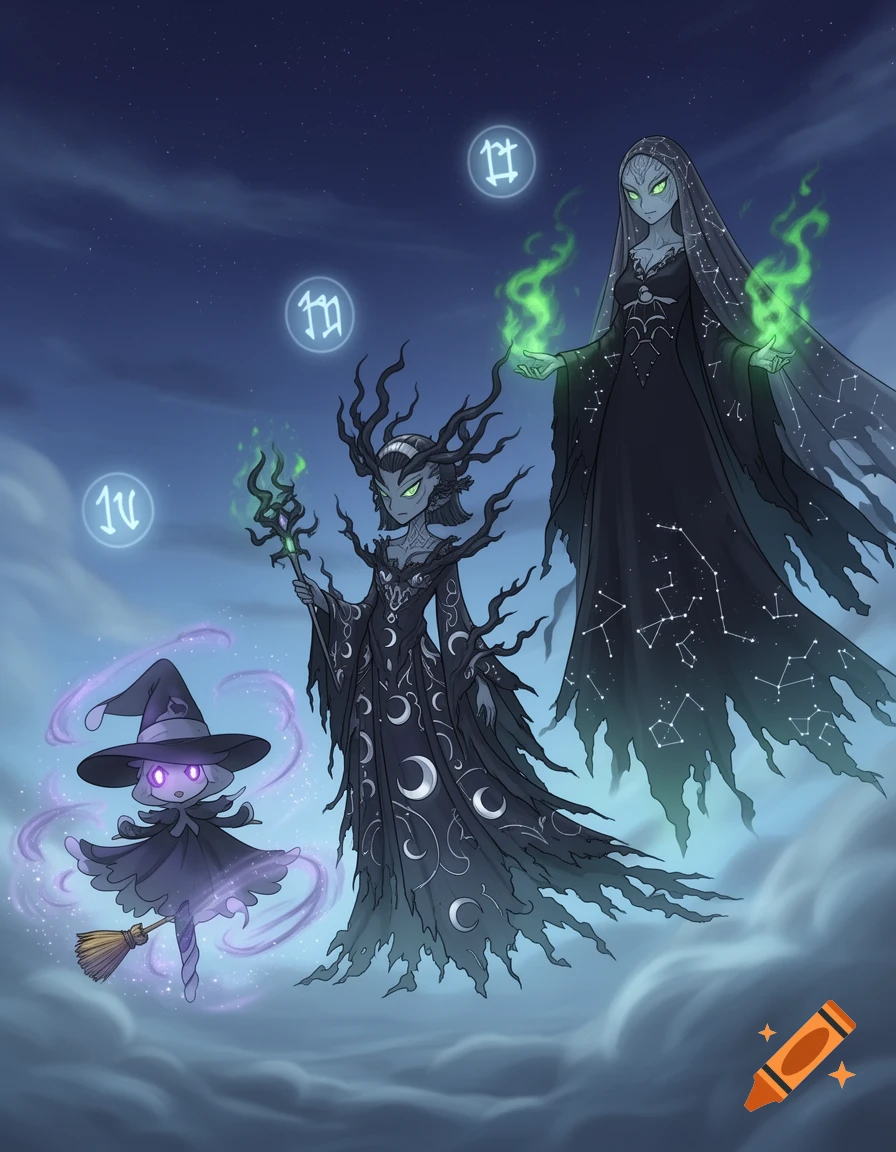 Three witch-themed figures, possibly pokemon evolutions, float in a night sky. A small, cute witch and two larger, darker, magical witches.