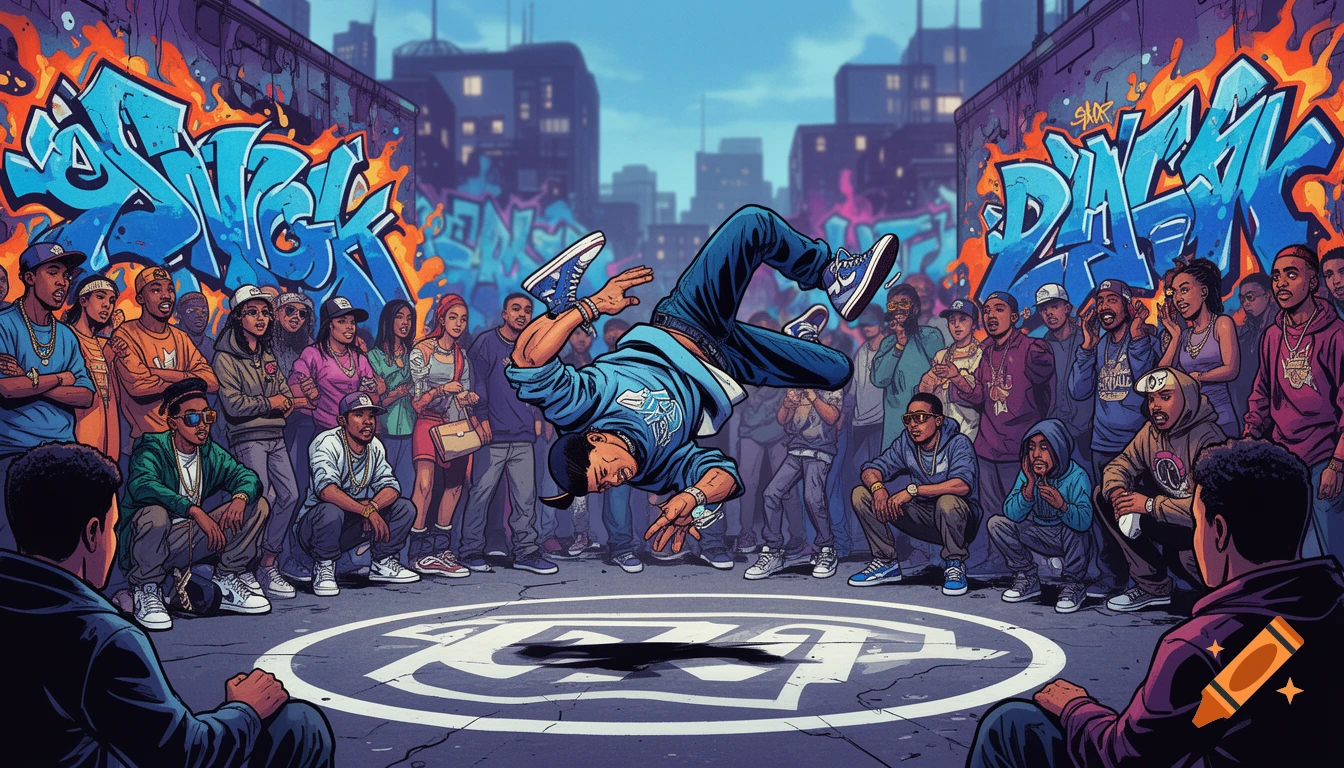 A dynamic comic book illustration of a B-boy doing a flare power move in a hip-hop cypher, surrounded by an urban crowd and graffiti.