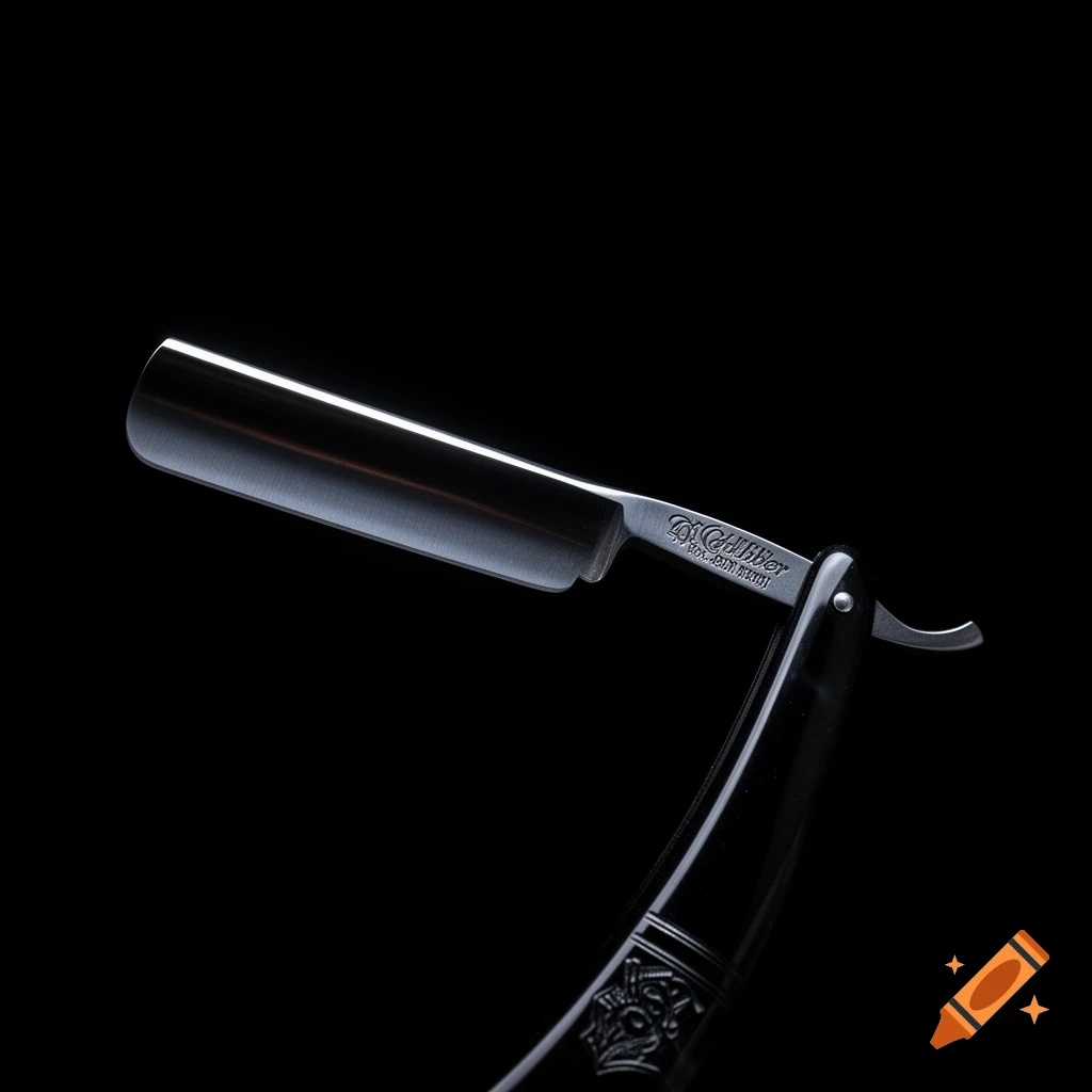 A polished metal straight razor with a black handle, gleaming against a deep black background.