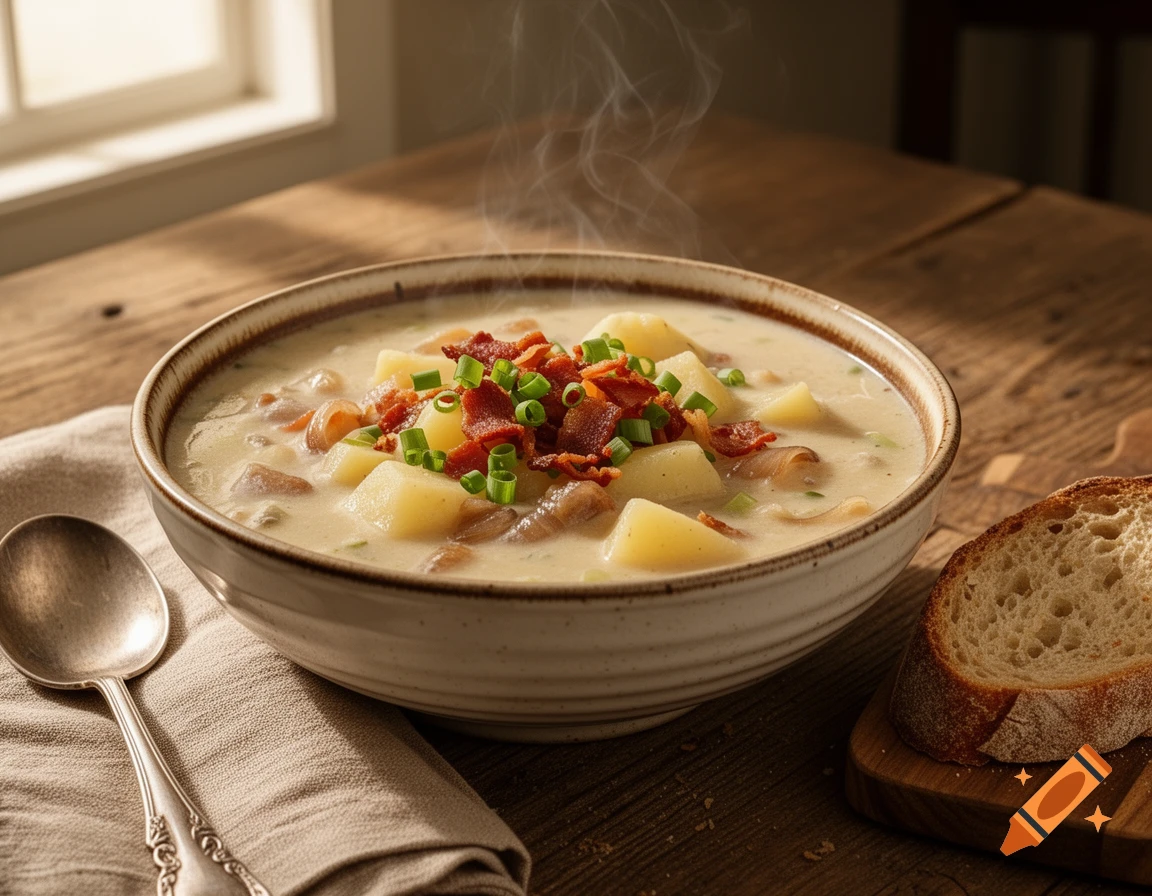 Steaming bowl of creamy potato soup with bacon and green onions on a wooden table, next to bread and a spoon. Photorealistic.