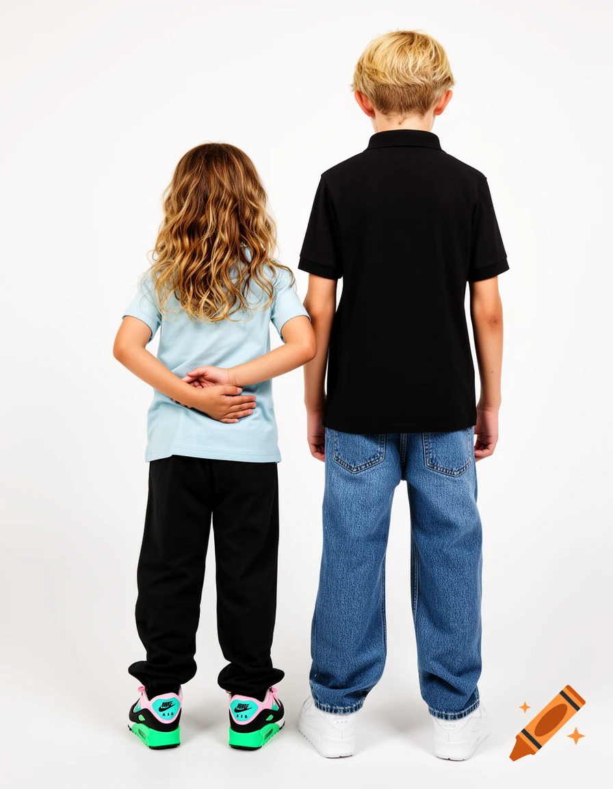 Two children from behind on a white background: a girl with wavy hair in a light blue t-shirt and black pants, and a boy in a black polo and blue jeans.