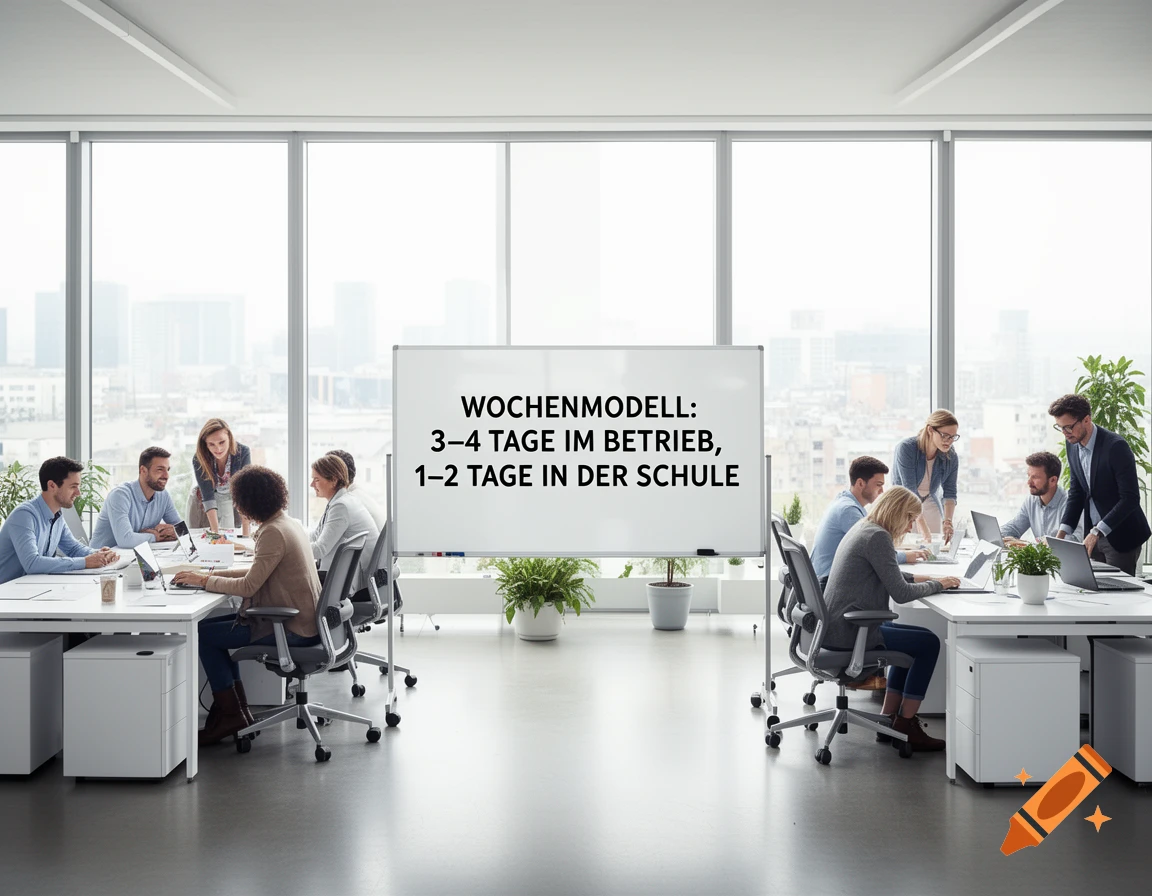 A diverse group of professionals working and conversing around tables in a modern office with large windows and a whiteboard.
