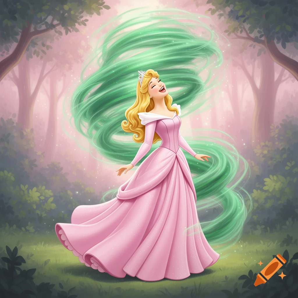 Cartoon Disney princess Aurora in a pink gown with a green gaseous tornado effect behind her, laughing in a mystical forest.