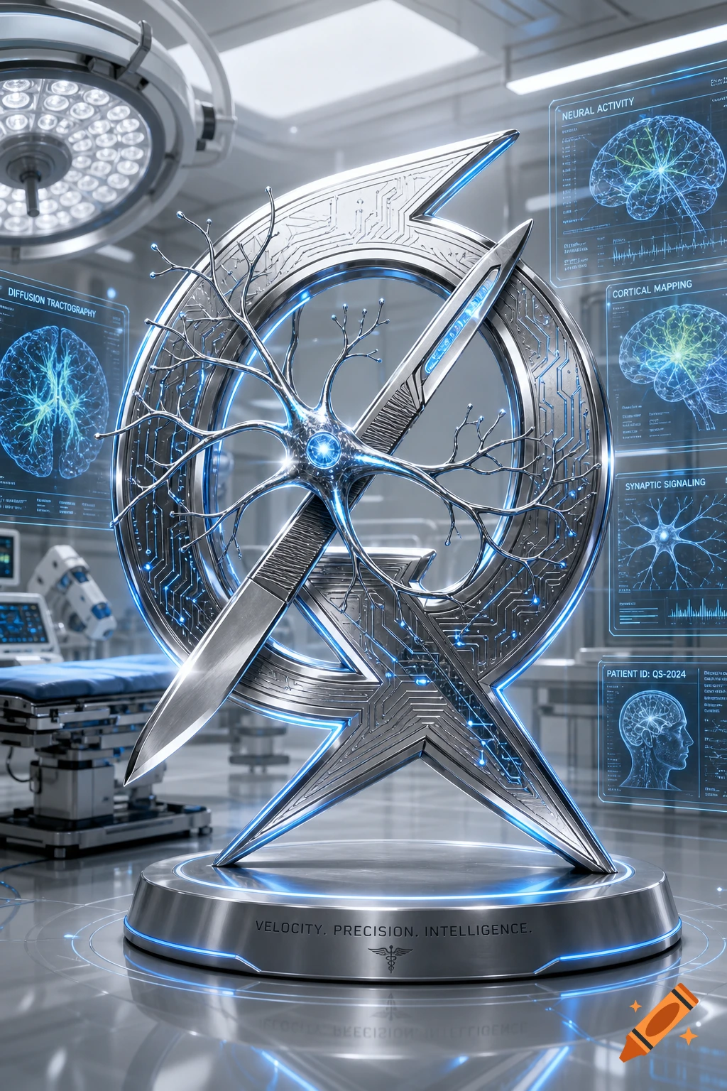 A futuristic silver symbol shaped like a stylized 'Q' with a glowing neuron, surrounded by holographic medical screens in an operating room.