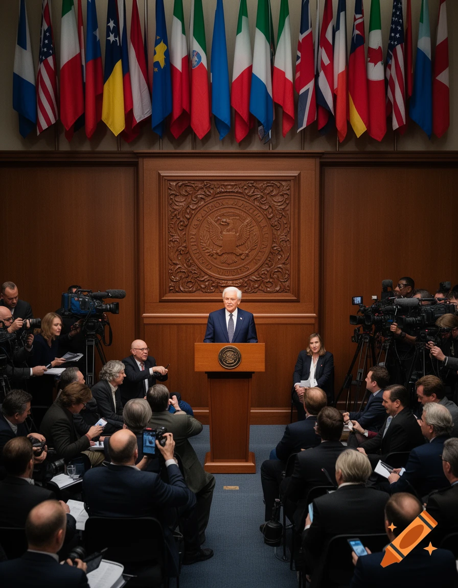 A man in a suit speaks at a podium to a room full of seated journalists and cameramen, with many national flags hanging above.