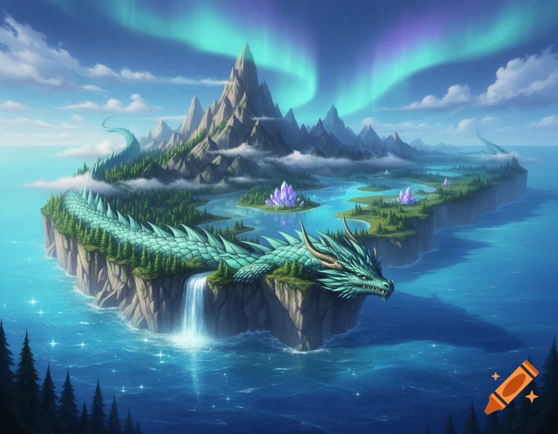 A vibrant fantasy landscape depicting a teal dragon-shaped island with mountains, forests, lakes, and an aurora-lit sky.