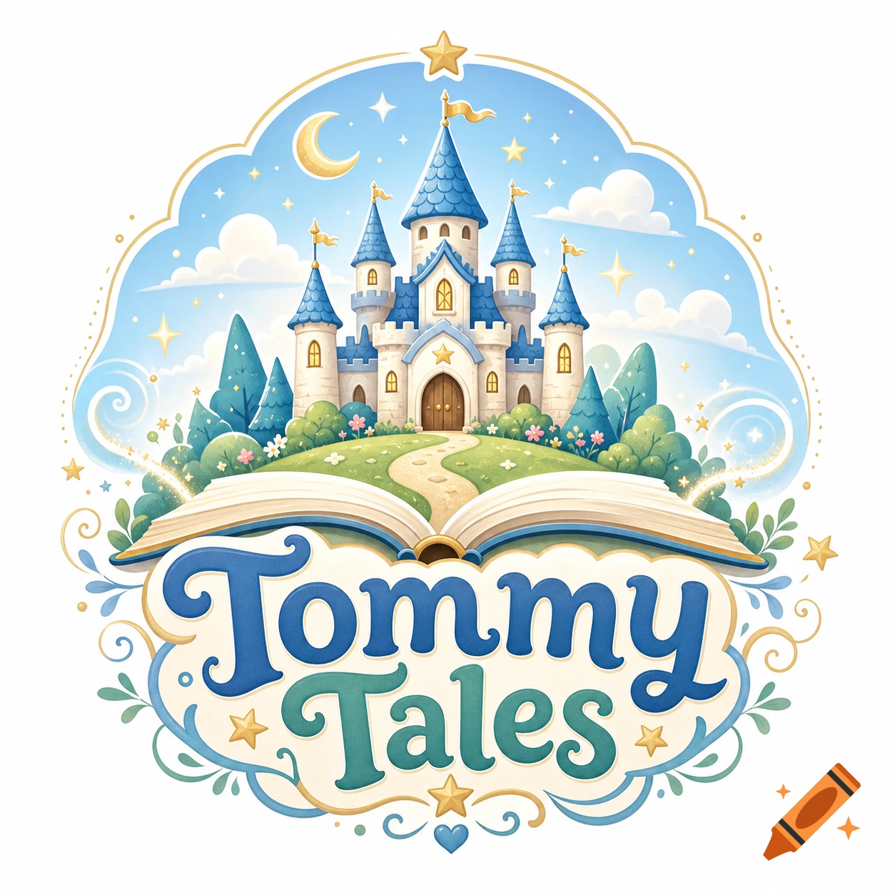 A whimsical logo with a blue-roofed castle on a storybook, featuring the title 'Tommy Tales' against a sky with a crescent moon and stars, in a cartoon illustration style.
