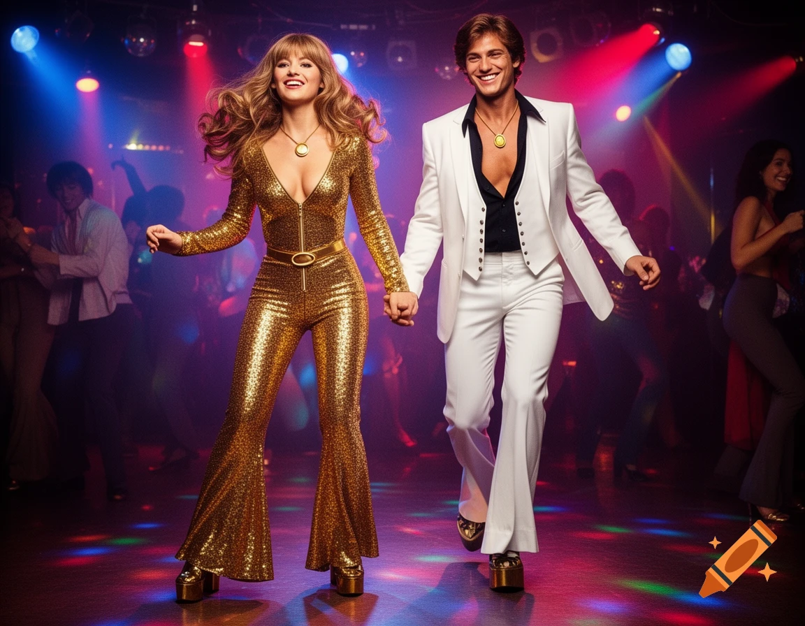 A smiling couple in 70s disco attire dances in a vibrant, spotlight-filled disco club.