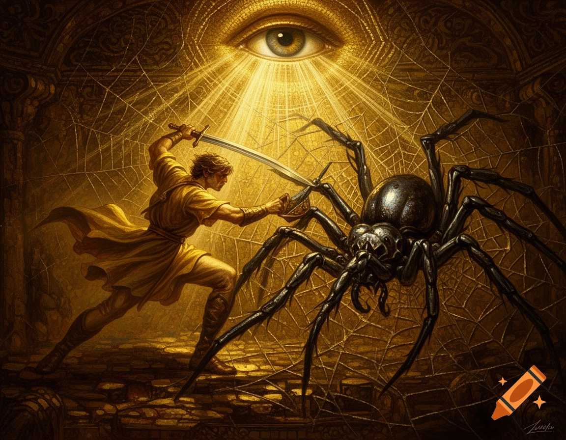 A golden mural depicts a swordsman battling a giant spider, bathed in light from a shining eye above.