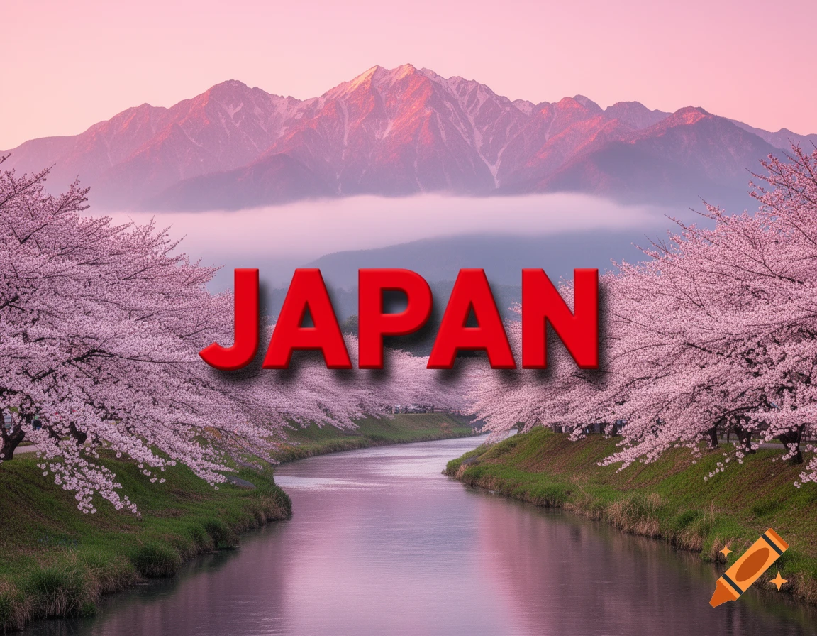 Red 'JAPAN' text floats above a scenic river lined with pink cherry blossom trees, with majestic mountains under a sunset sky.