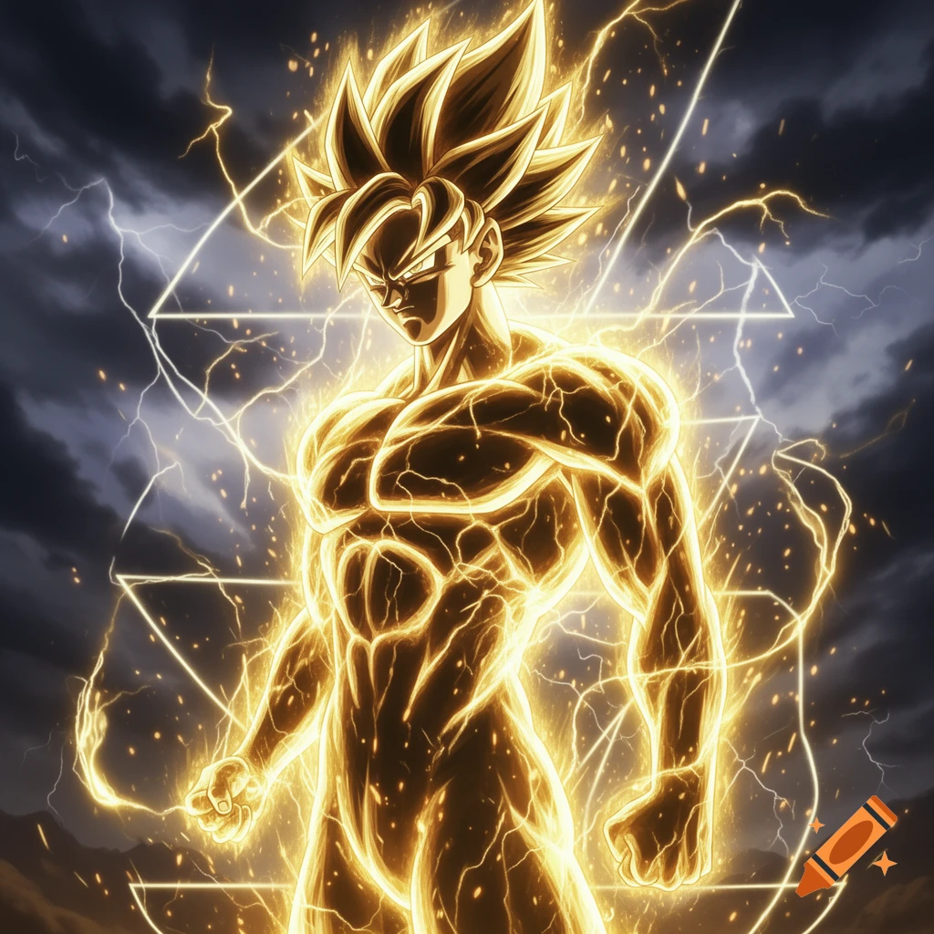 An anime-style muscular figure, resembling Super Saiyan Goku, glowing gold with lightning against a dark, stormy sky.