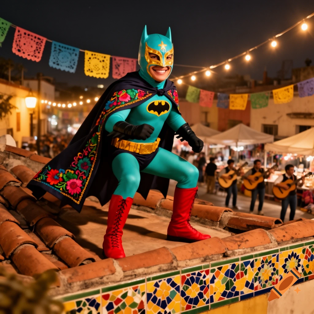 A person in a teal and gold Mexican Batman costume with an embroidered cape stands on a tiled rooftop during a festive night with lights and a mariachi band.