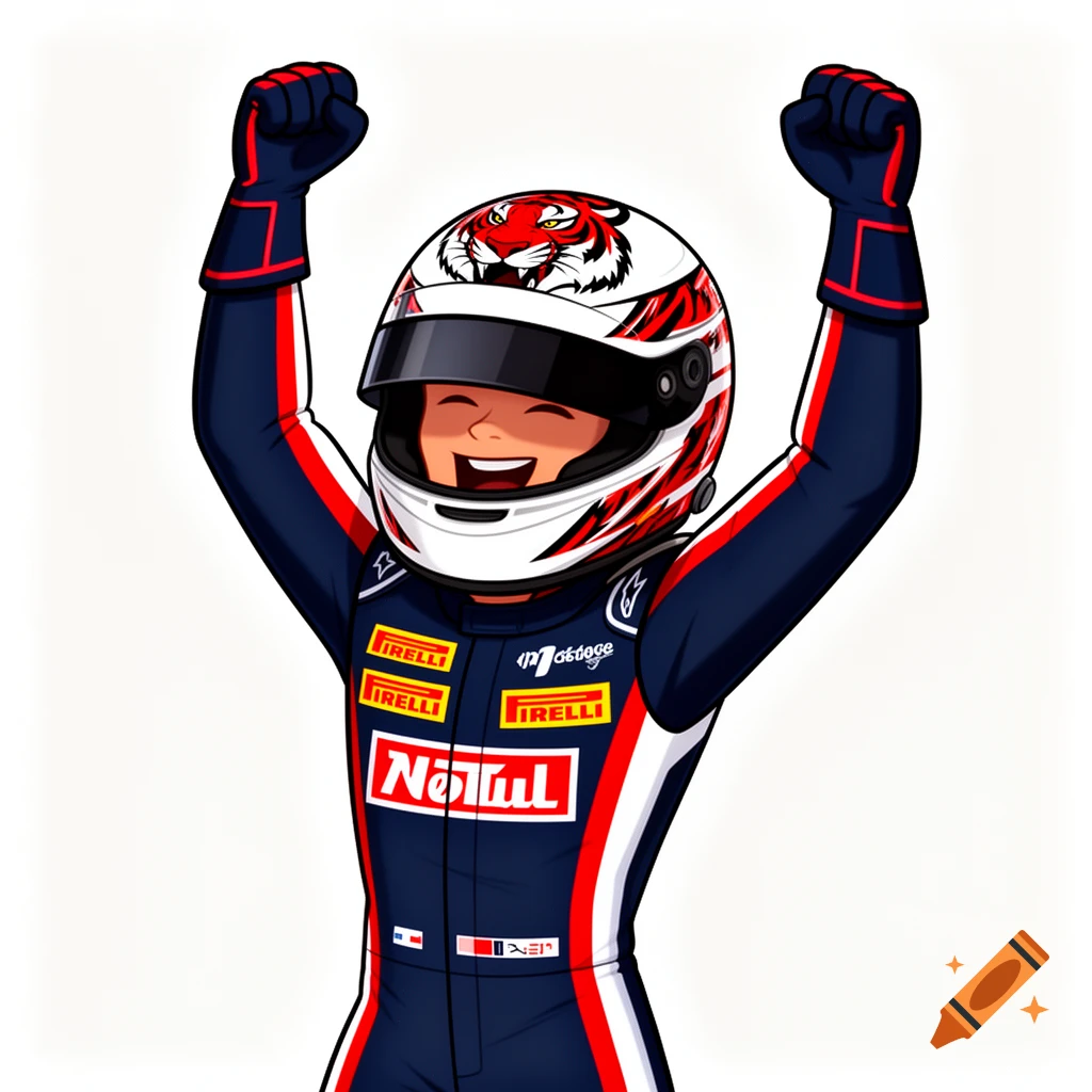 Cartoon illustration of a Formula 1 racing driver in a navy blue suit and a white helmet with a tiger graphic, celebrating with raised fists on a white background.