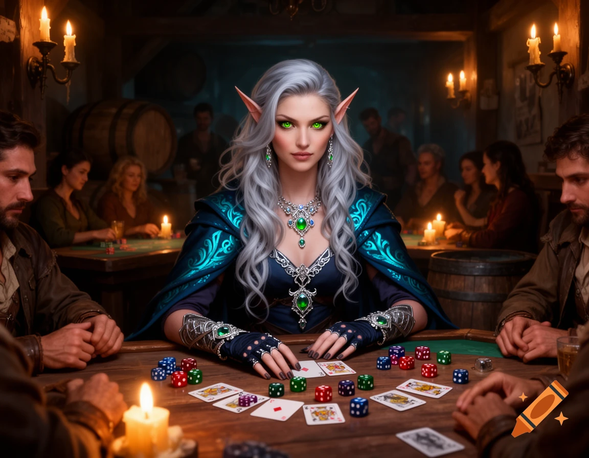 A silver-haired elf with green eyes plays cards and dice in a dimly lit, rustic tavern, surrounded by other patrons in a photorealistic style.