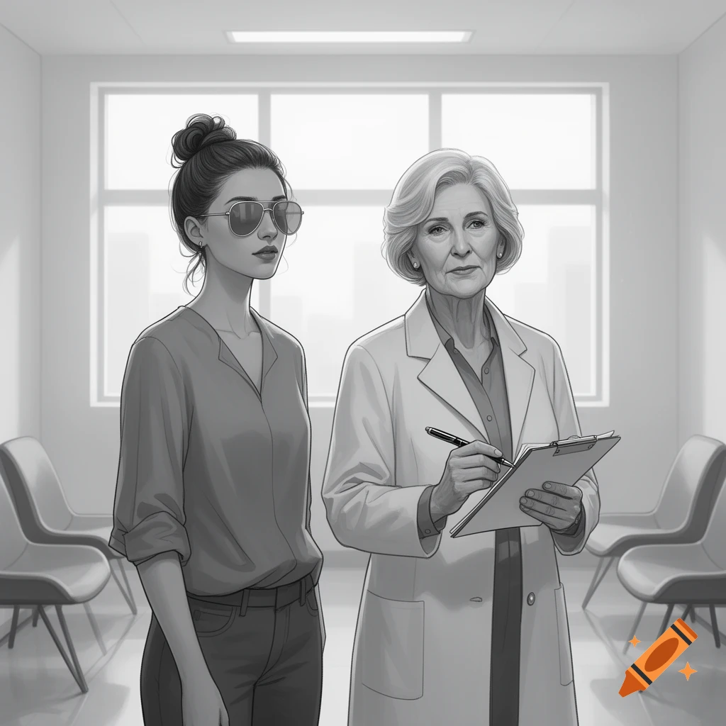 Black and white illustration of a young woman in sunglasses and an older woman doctor with a notepad in a waiting room.