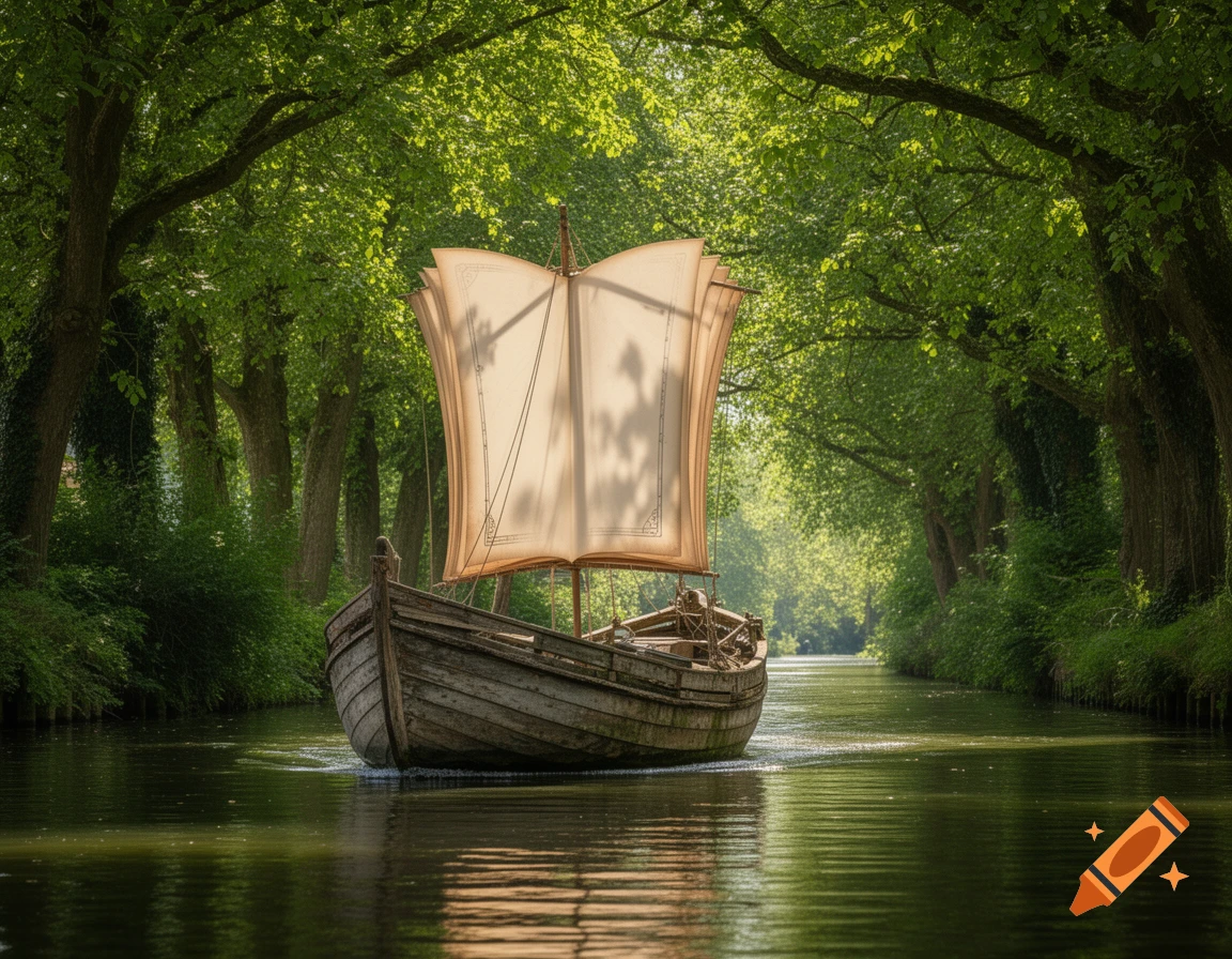 A rustic wooden boat with an open book-shaped sail glides through a narrow, sunlit canal lined with lush green trees.