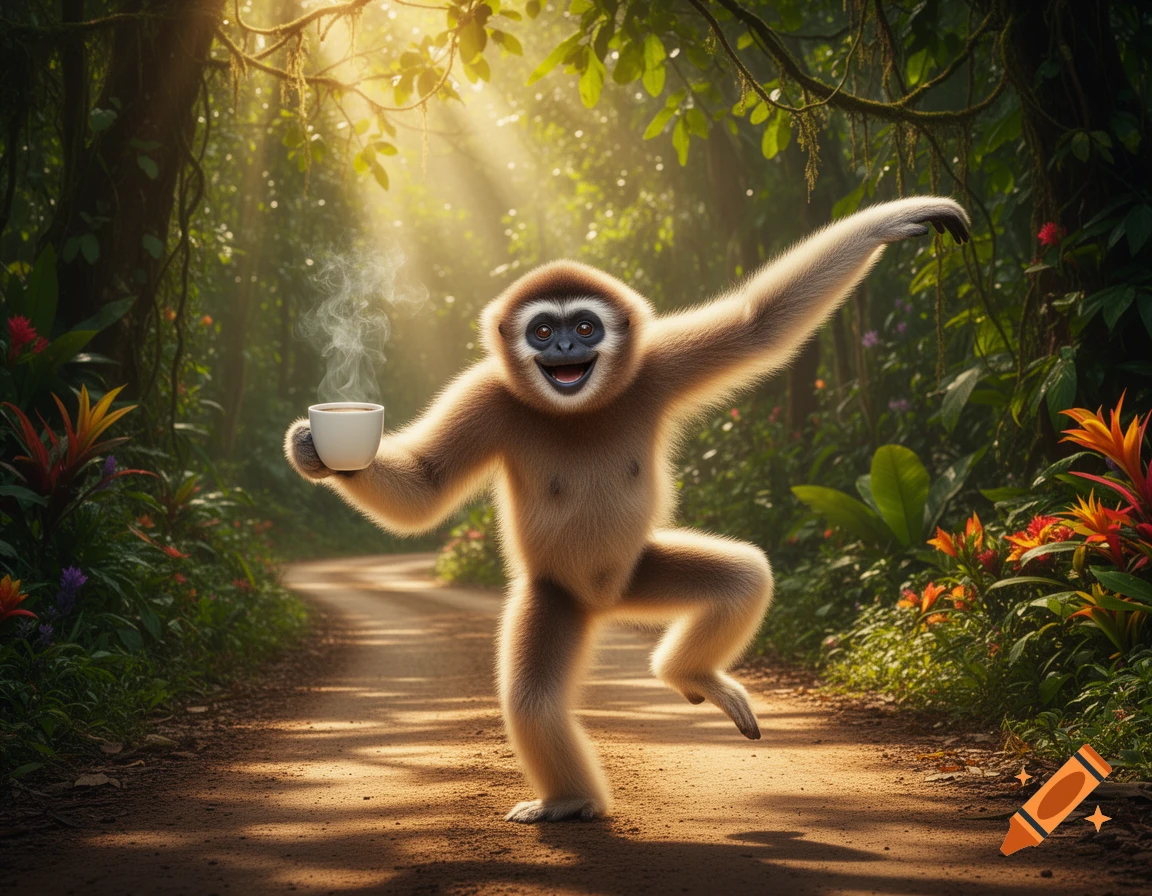 A happy gibbon dances on a sunlit jungle road, holding a steaming cup of coffee, in a photorealistic style.