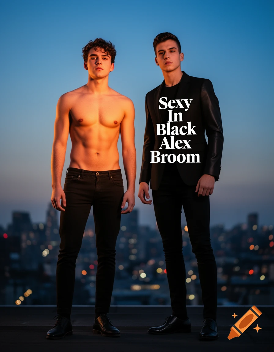 Two young men on a rooftop at dusk, one shirtless, the other in a black suit with 'Sexy In Black Alex Broom' text.