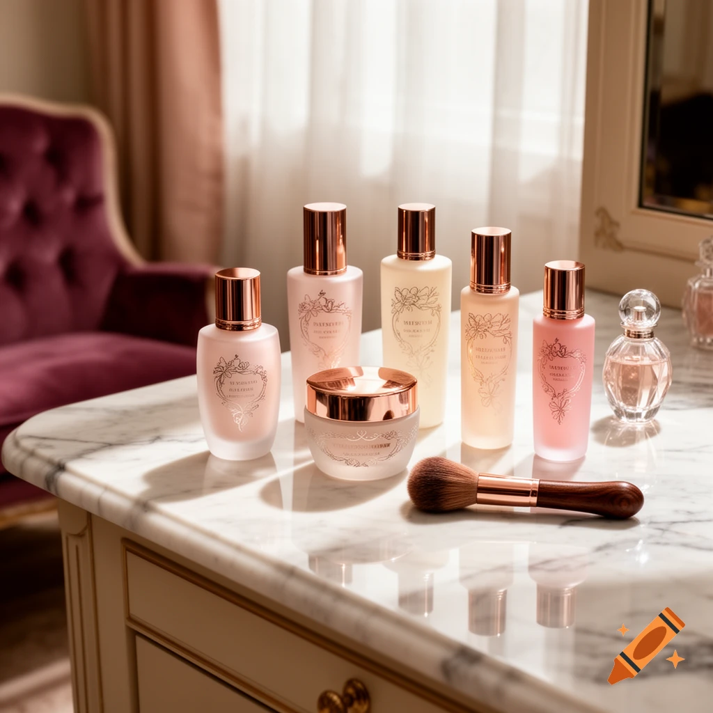 A collection of pastel-colored beauty products, including lotions, a jar, and a perfume bottle, with a makeup brush on a marble counter.