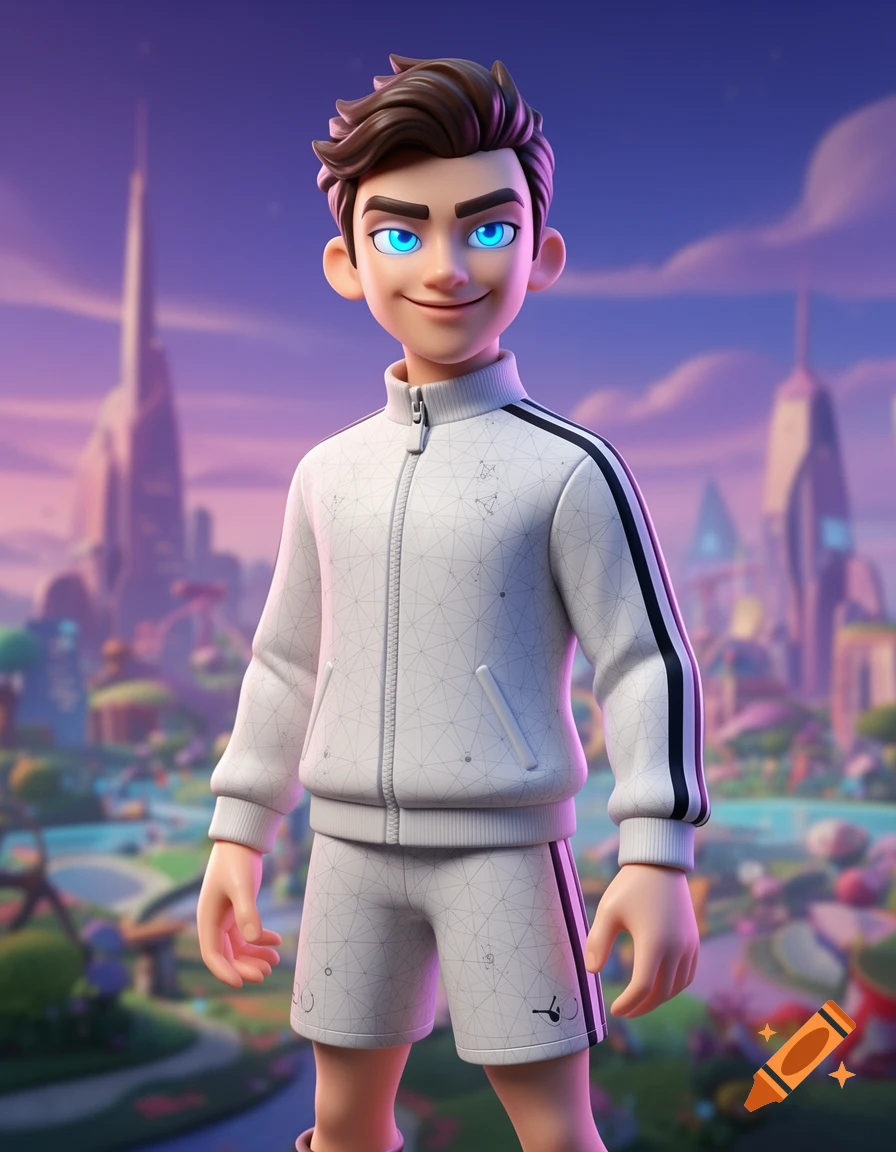 A stylized 3D animated male character with glowing blue eyes, wearing a white track jacket and shorts with geometric patterns, standing against a vibrant, futuristic cityscape background.