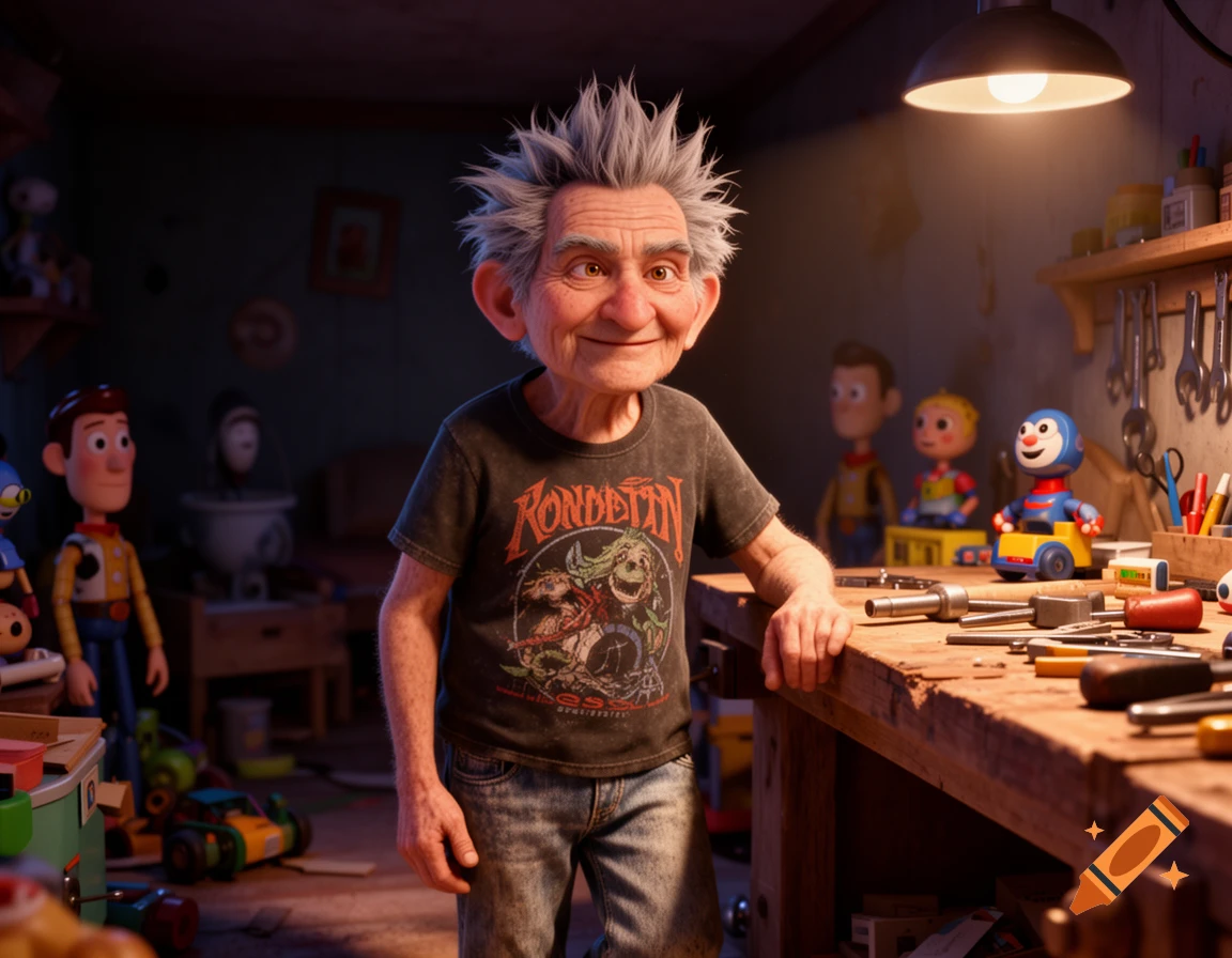 An older man with spiky gray hair and a dark band t-shirt stands in a dimly lit workshop, smiling. Classic Toy Story-style animated toys are in the background.