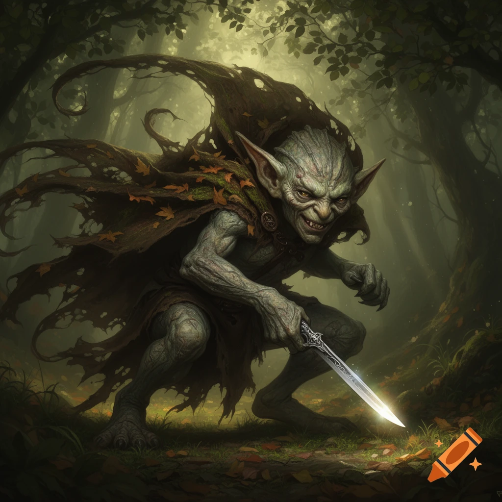 A menacing, green-skinned goblin-like creature with a torn cape crouches in a dark, misty forest, holding a glowing dagger.