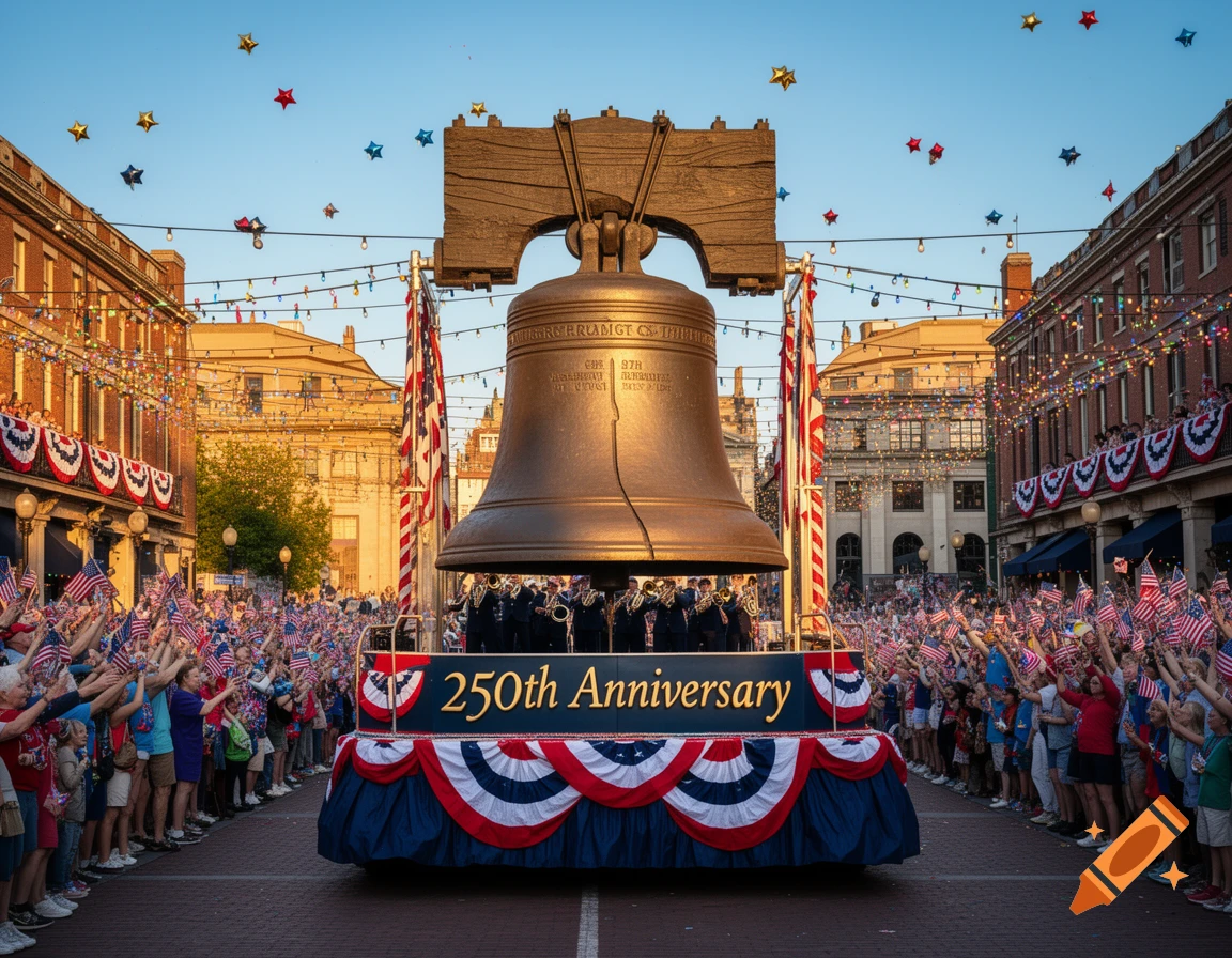 A Liberty Bell float with a 250th Anniversary banner leads a patriotic parade, with crowds waving American flags under star balloons.