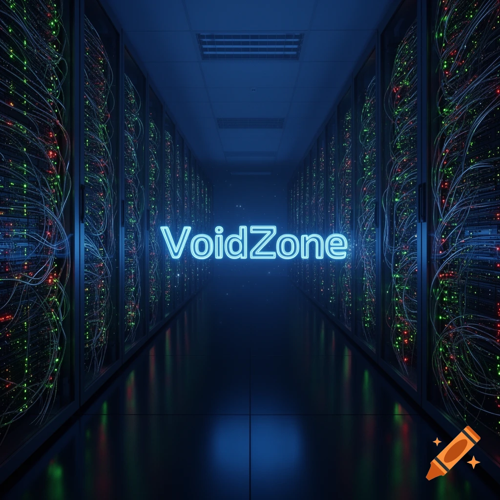 A futuristic data center or server room with rows of glowing racks and the neon blue text "VoidZone" floating in the middle.