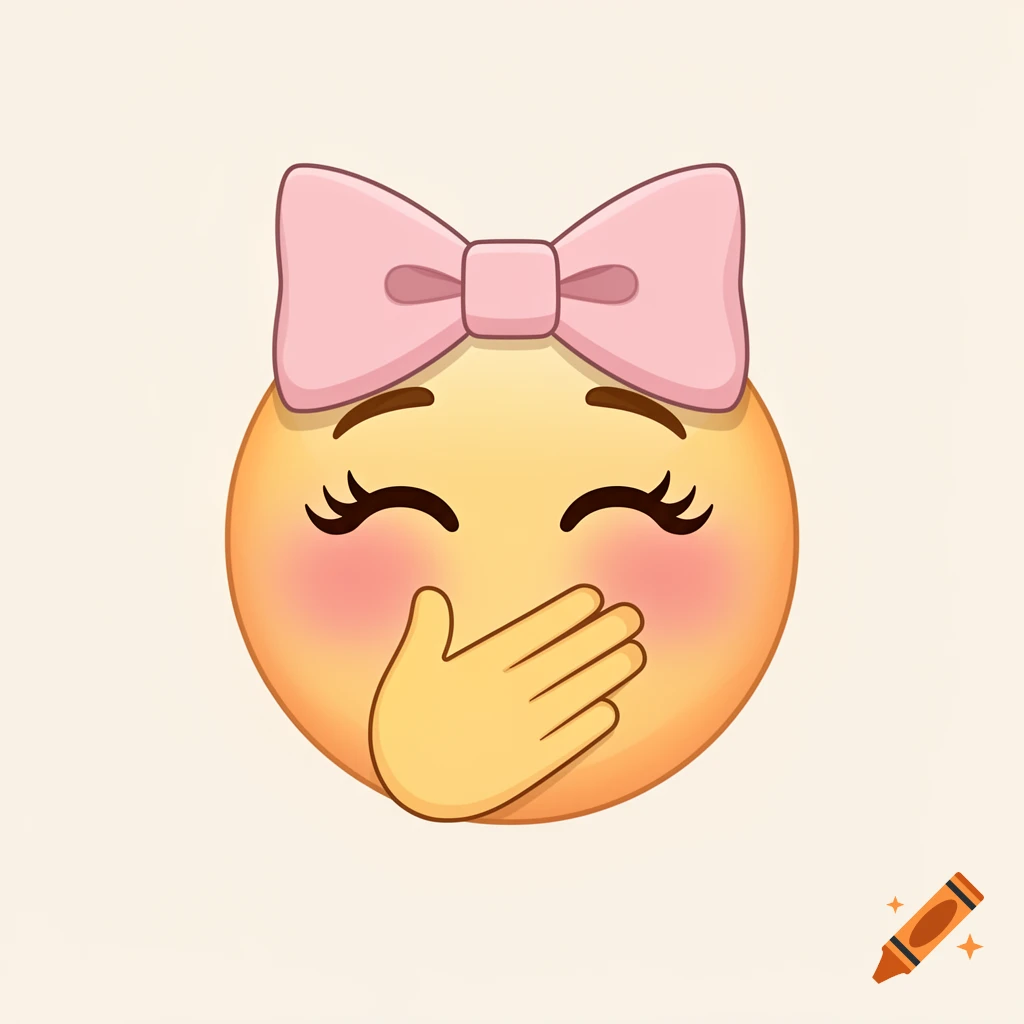Blushing giggling emoji with closed happy eyes, eyelashes, a hand over its mouth, and a pink bow on top.