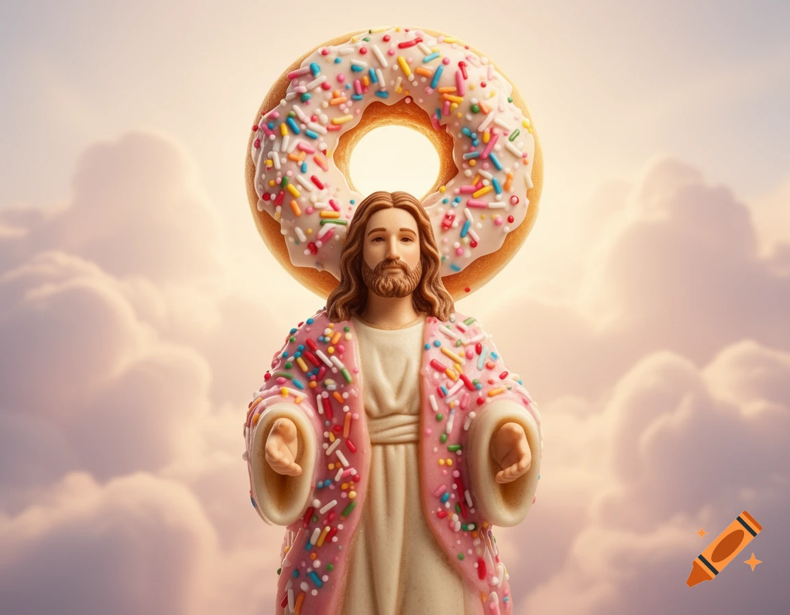 A figure resembling Jesus Christ with long hair and beard, wearing a pink robe covered in colorful sprinkles, has a large donut with white frosting and sprinkles as a halo, against a cloudy, bright sky.